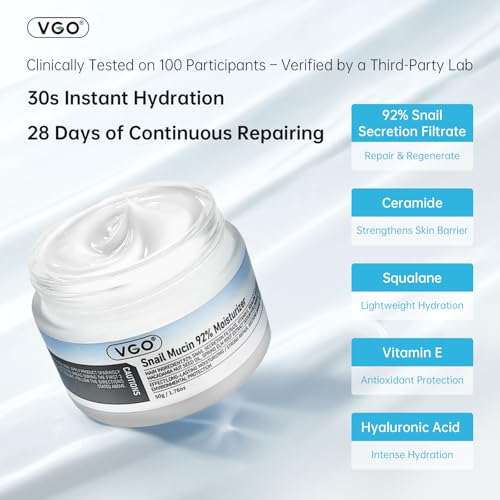 VGO Snail Mucin 92% Moisturizer Daily Face Moisturizer Hydrating Repair Face Gel Cream for Dry & Sensitive Skin, All Skin Types 50g / 1.76oz